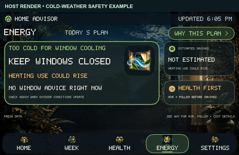 Energy sample screen saying it is too cold for window cooling and heating use could rise