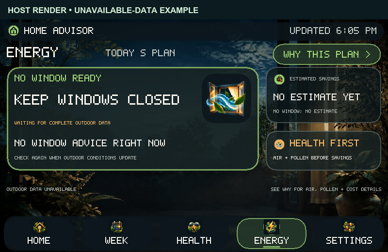 Energy sample screen saying outdoor data is unavailable and no window or savings estimate is ready