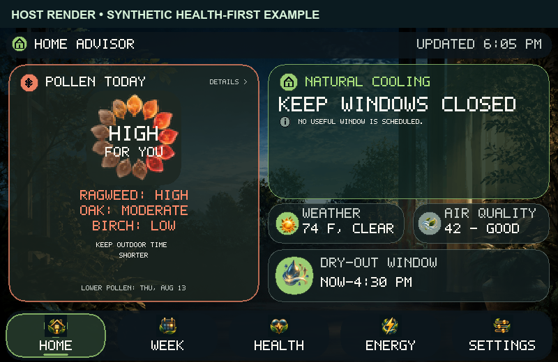 Host-rendered Home Advisor synthetic example: high selected ragweed and keep-windows-closed guidance