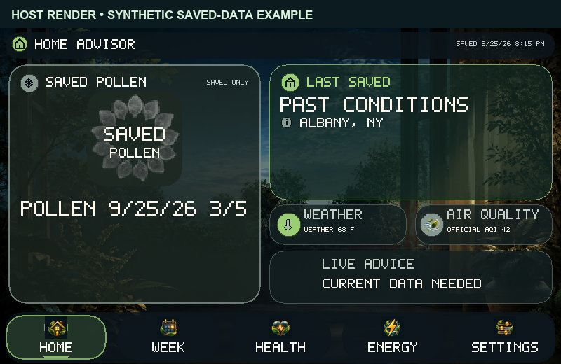 Home sample screen labeled Last Saved and Past Conditions, showing a past synthetic home snapshot with live advice paused